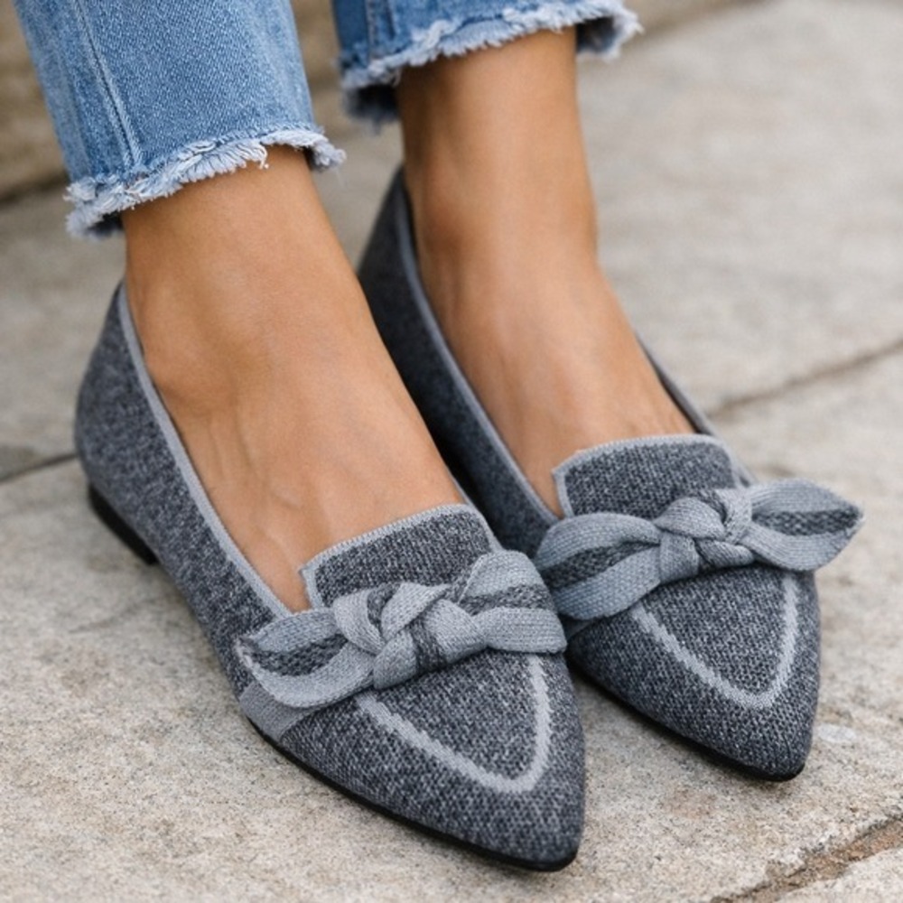 VIVAIA Sustainable Gray Knit Flats Bow Detail Pointed Toe Elegant EU/39 US/8